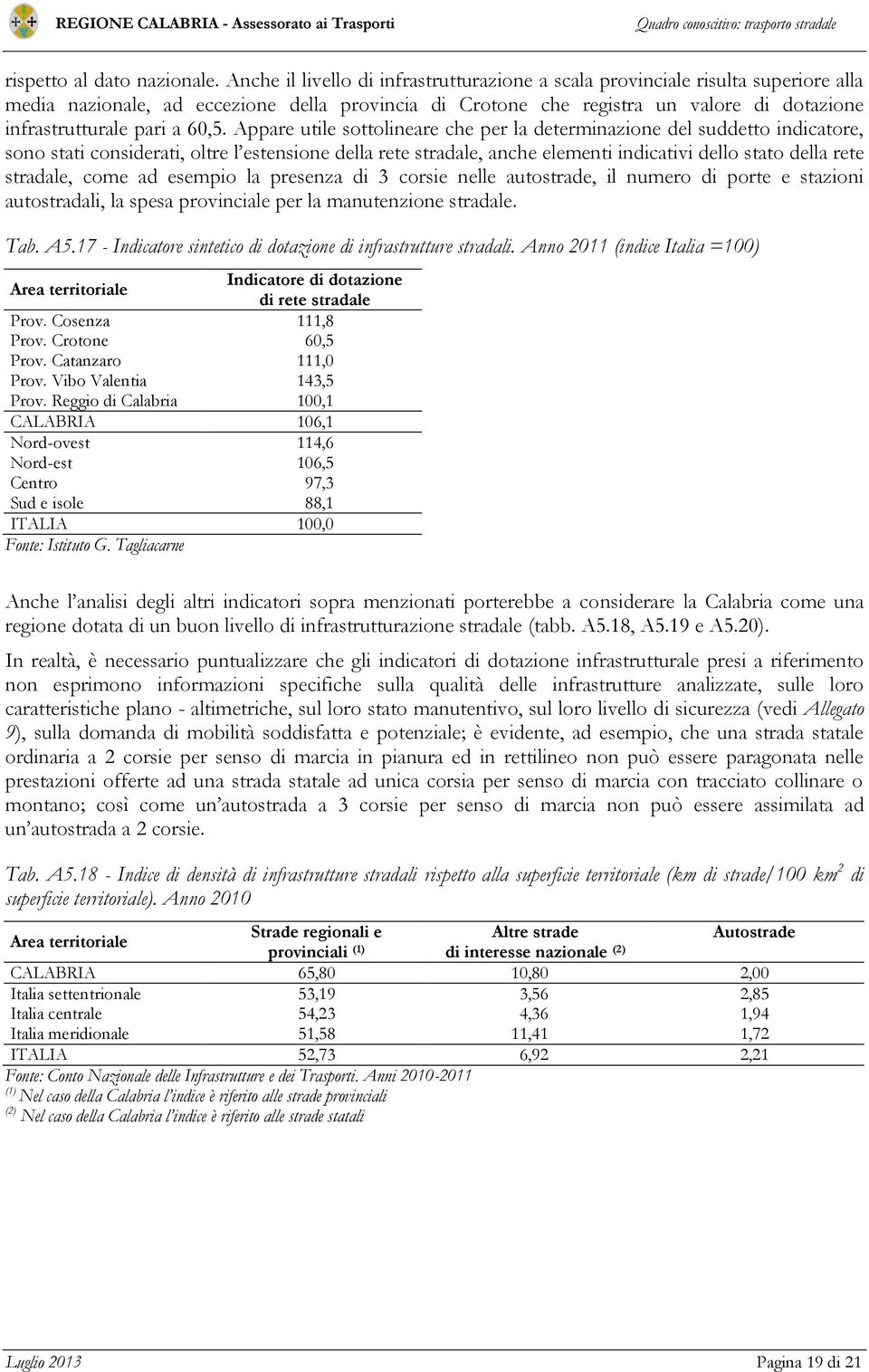 60,5. Appare utile sottolineare che per la determinazione del suddetto indicatore, sono stati considerati, oltre l estensione della rete stradale, anche elementi indicativi dello stato della rete