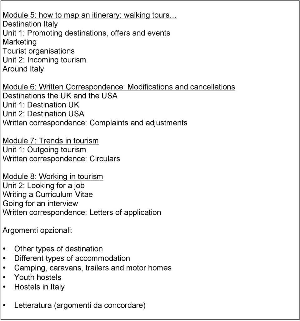 Module 7: Trends in tourism Unit 1: Outgoing tourism Written correspondence: Circulars Module 8: Working in tourism Unit 2: Looking for a job Writing a Curriculum Vitae Going for an interview