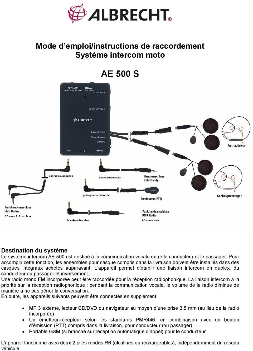 L appareil permet d établir une liaison intercom en duplex, du conducteur au passager et inversement. Une radio mono FM incorporée peut être raccordée pour la réception radiophonique.