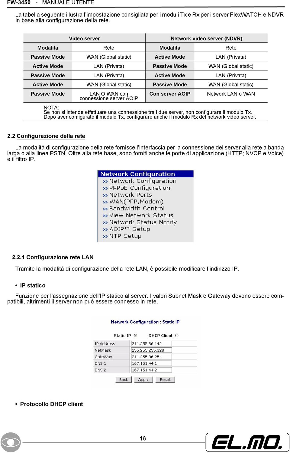 LAN (Privata) Active Mode LAN (Privata) Active Mode WAN (Global static) Passive Mode WAN (Global static) Passive Mode LAN O WAN con connessione server AOIP Con server AOIP Network LAN o WAN NOTA: Se