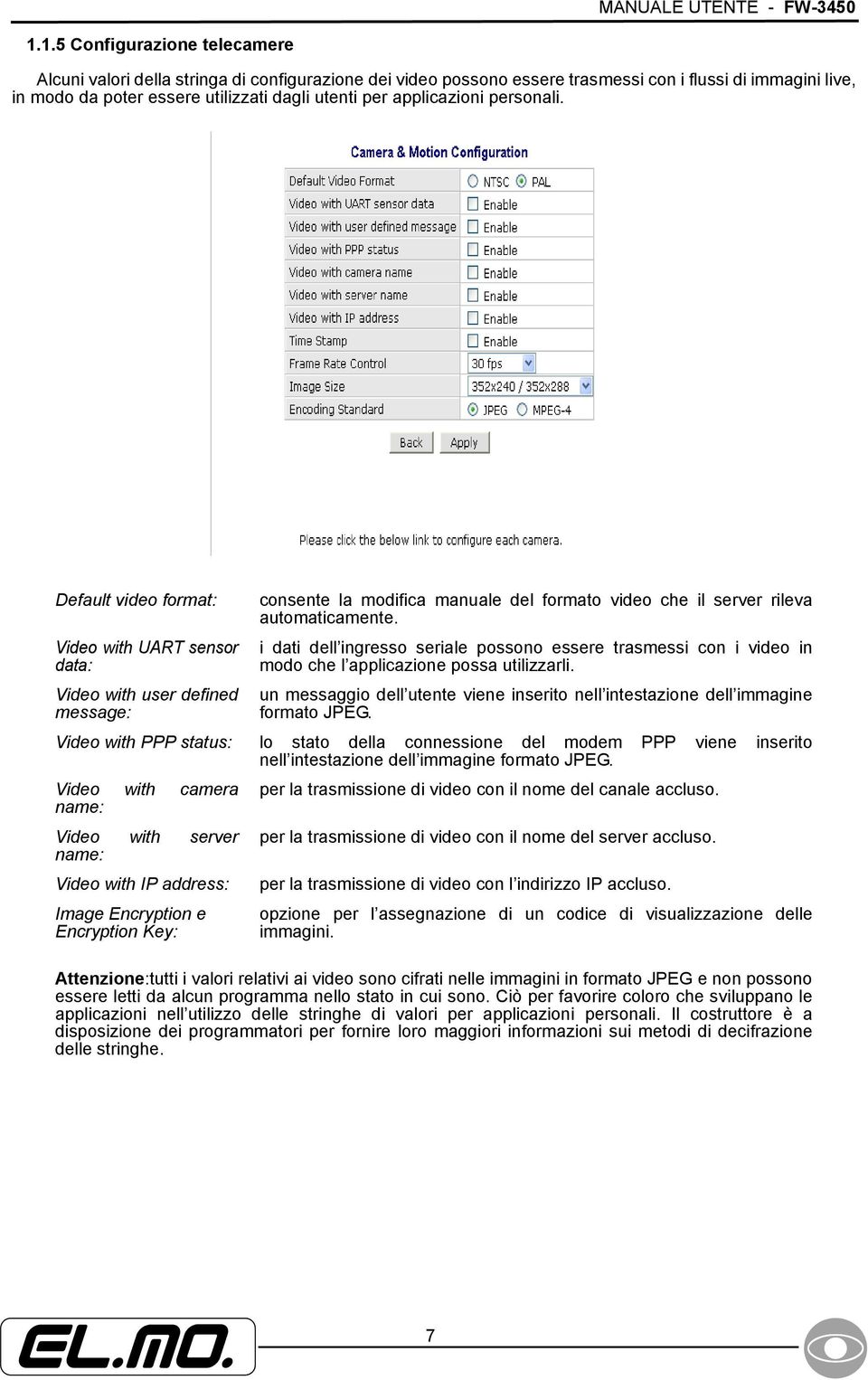 applicazioni personali. Default video format: Video with UART sensor data: Video with user defined message: consente la modifica manuale del formato video che il server rileva automaticamente.