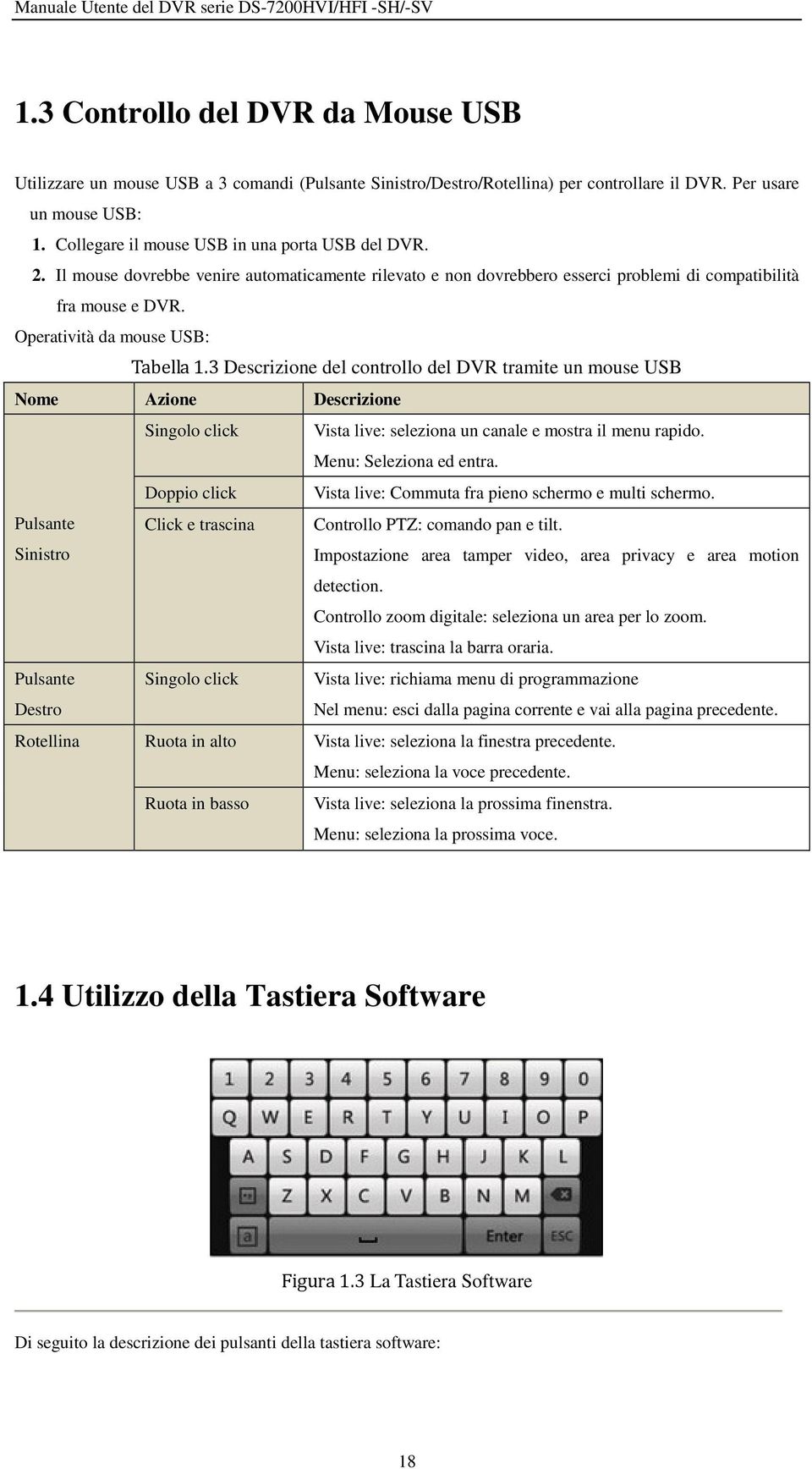 Operatività da mouse USB: Tabella 1.3 Descrizione del controllo del DVR tramite un mouse USB Nome Azione Descrizione Singolo click Vista live: seleziona un canale e mostra il menu rapido.