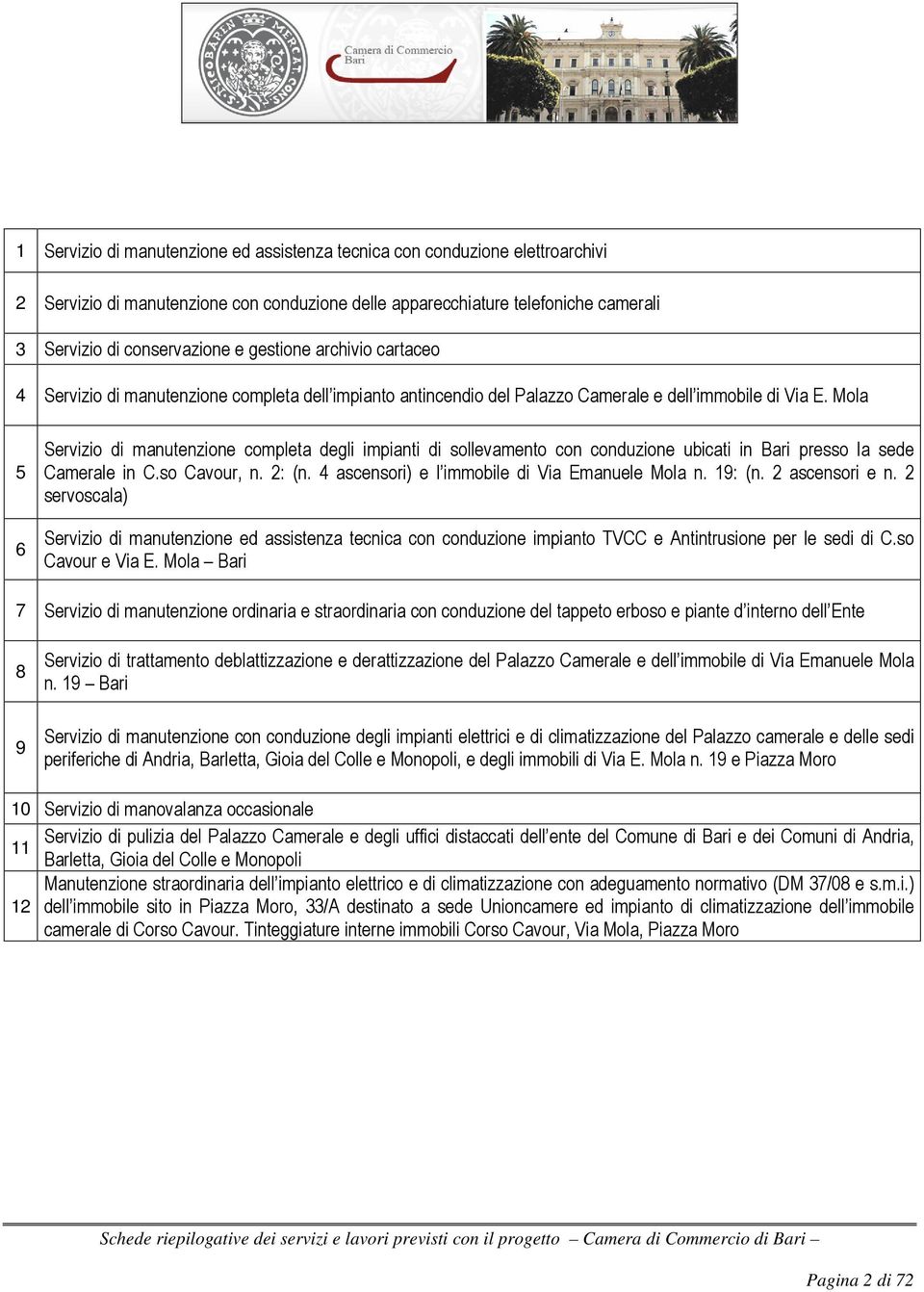 Mola 5 6 Servizio di manutenzione completa degli impianti di sollevamento con conduzione ubicati in Bari presso la sede Camerale in C.so Cavour, n. 2: (n.