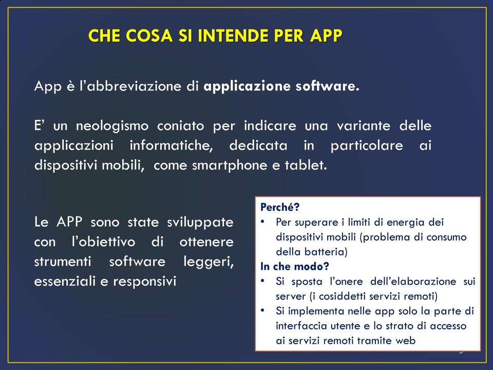 Le APP sono state sviluppate con l obiettivo di ottenere strumenti software leggeri, essenziali e responsivi Perché?