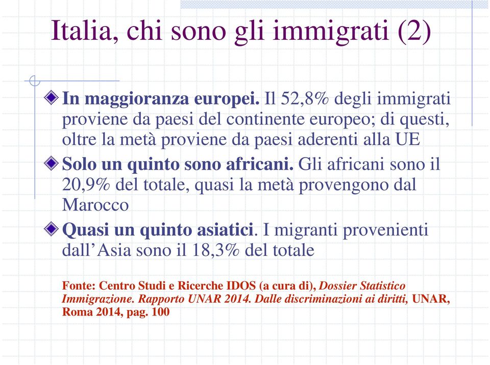 quinto sono africani. Gli africani sono il 20,9% del totale, quasi la metà provengono dal Marocco Quasi un quinto asiatici.