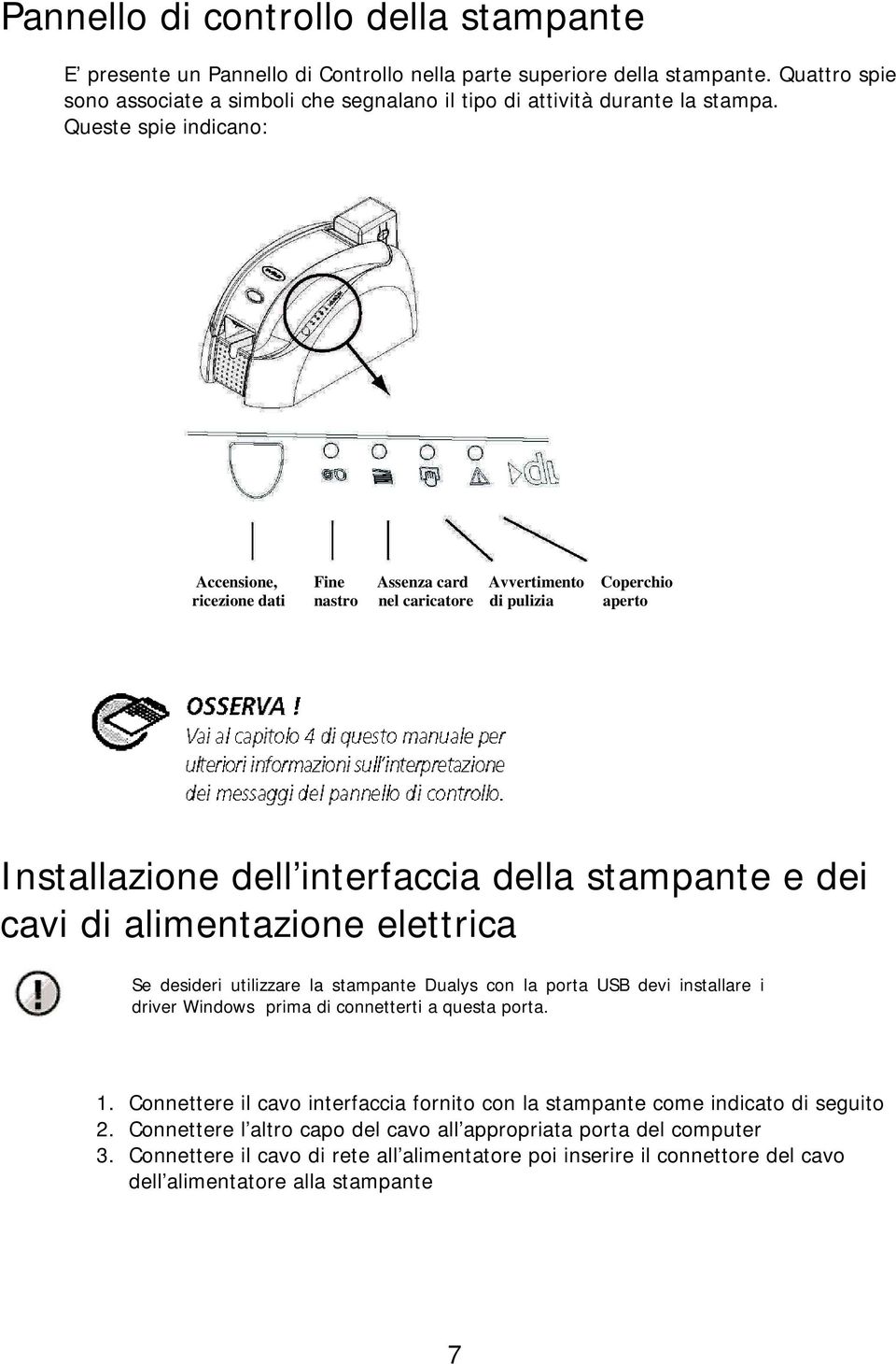 Queste spie indicano: Accensione, Fine Assenza card Avvertimento Coperchio ricezione dati nastro nel caricatore di pulizia aperto Installazione dell interfaccia della stampante e dei cavi di