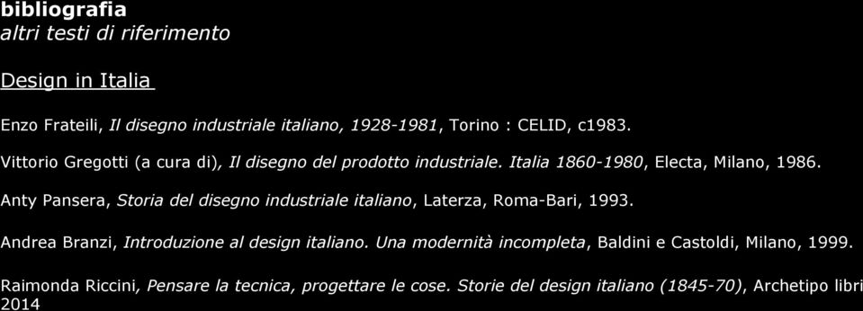 Anty Pansera, Storia del disegno industriale italiano, Laterza, Roma-Bari, 1993. Andrea Branzi, Introduzione al design italiano.