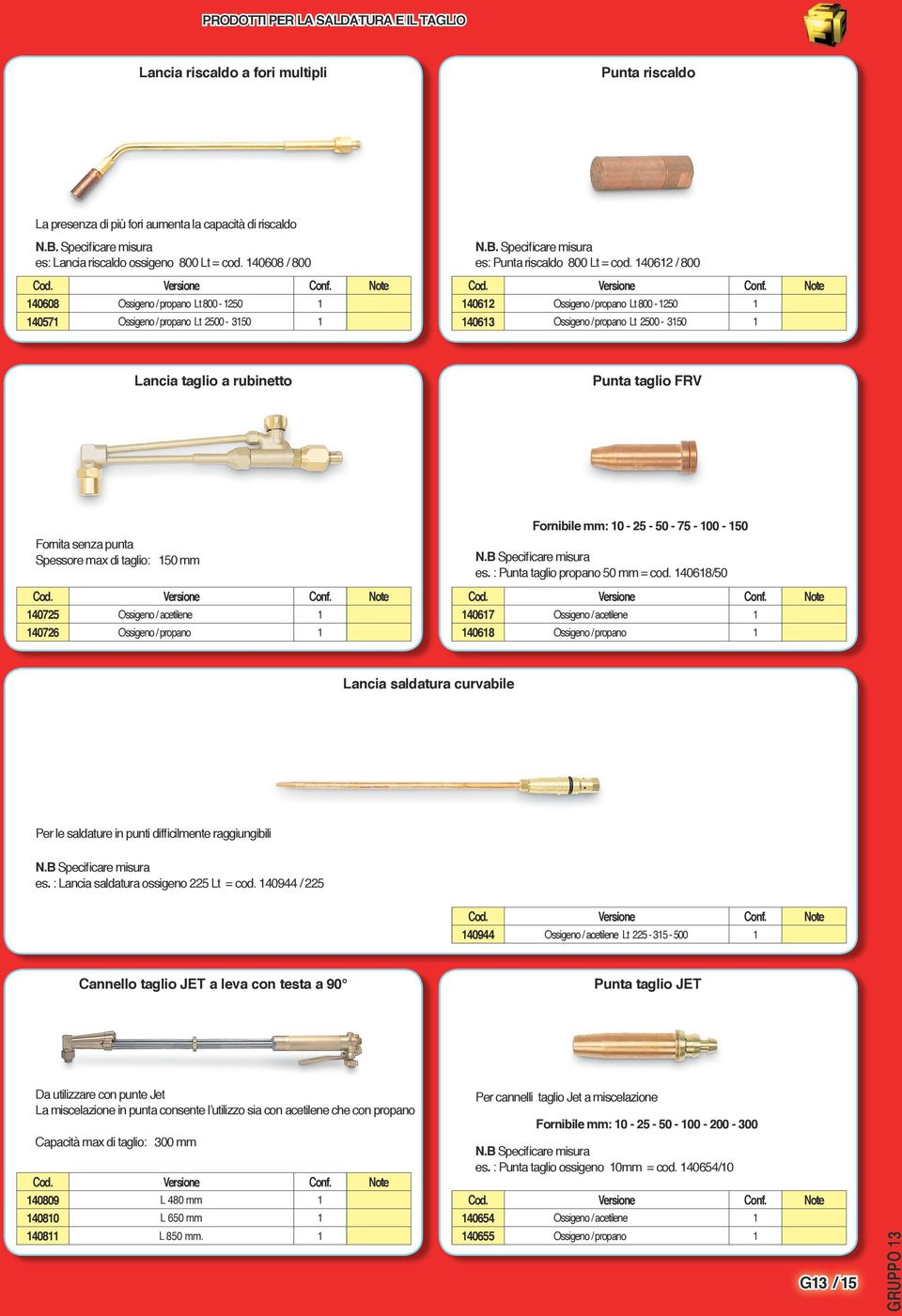 4062 / 800 4062 Ossigeno / propano Lt 800-250 4063 Ossigeno / propano Lt 2500-350 Lancia taglio a rubinetto Punta taglio FRV Fornita senza punta Spessore max di taglio: 50 mm 40725 Ossigeno /