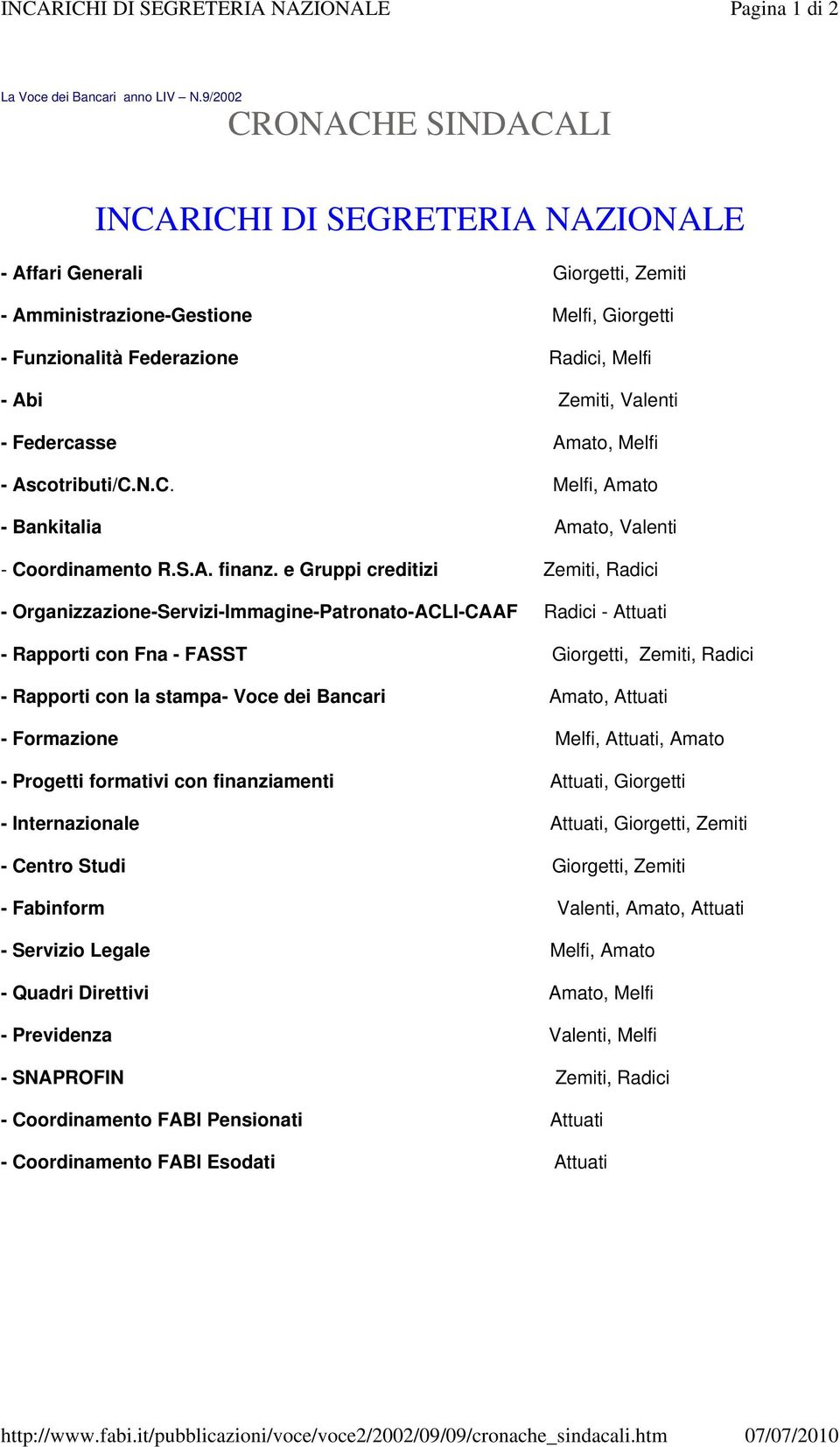 Valenti - Federcasse Amato, Melfi - Ascotributi/C.N.C. Melfi, Amato - Bankitalia Amato, Valenti - Coordinamento R.S.A. finanz.