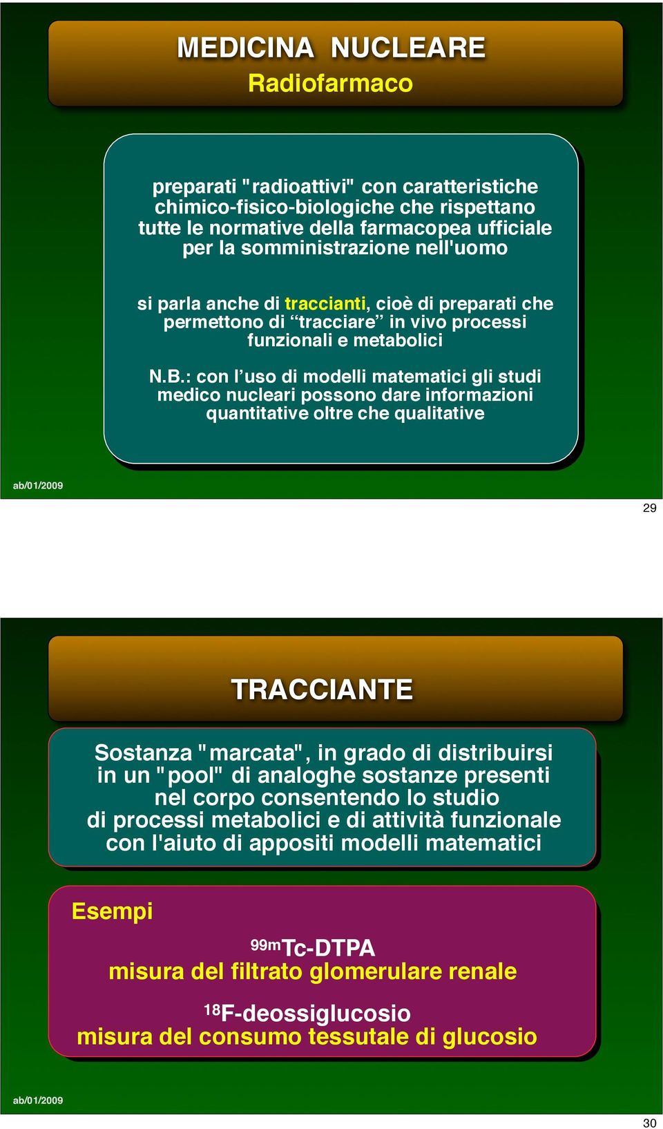 uso di modelli matematici gli studi medico nucleari possono dare informazioni quantitative oltre che qualitative 29 TRACCIANTE Sostanza "marcata", in grado di distribuirsi in un "pool" di