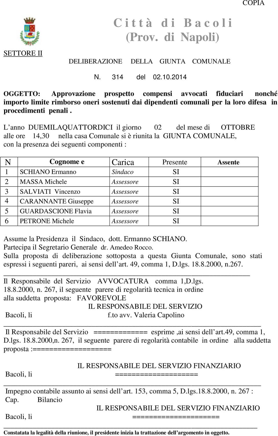 L anno DUEMILAQUATTORDICI il giorno 02 del mese di OTTOBRE alle ore 14,30 nella casa Comunale si è riunita la GIUNTA COMUNALE, con la presenza dei seguenti componenti : N Cognome e Carica Presente