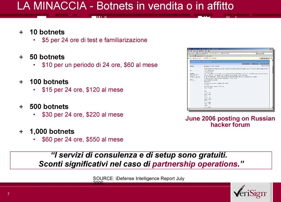 + 1,000 botnets June 2006 posting on Russian hacker forum $60 per 24 ore, $550 al mese I servizi di consulenza e di