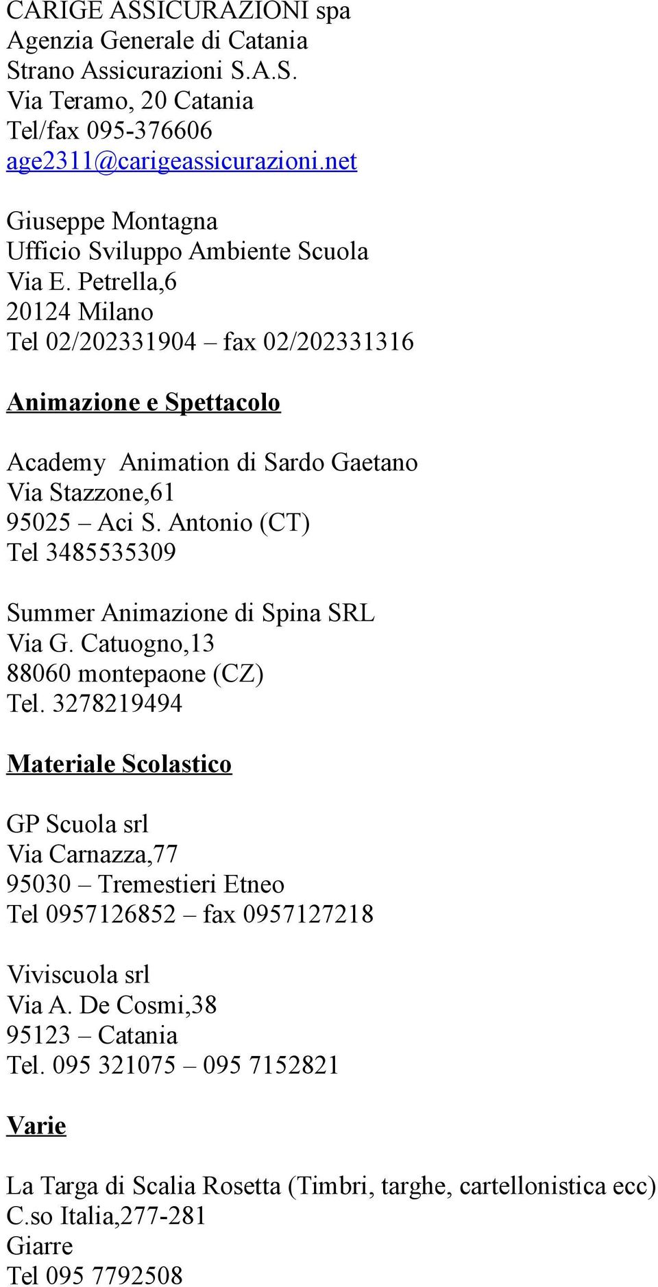Petrella,6 20124 Milano Tel 02/202331904 fax 02/202331316 Animazione e Spettacolo Academy Animation di Sardo Gaetano Via Stazzone,61 95025 Aci S.