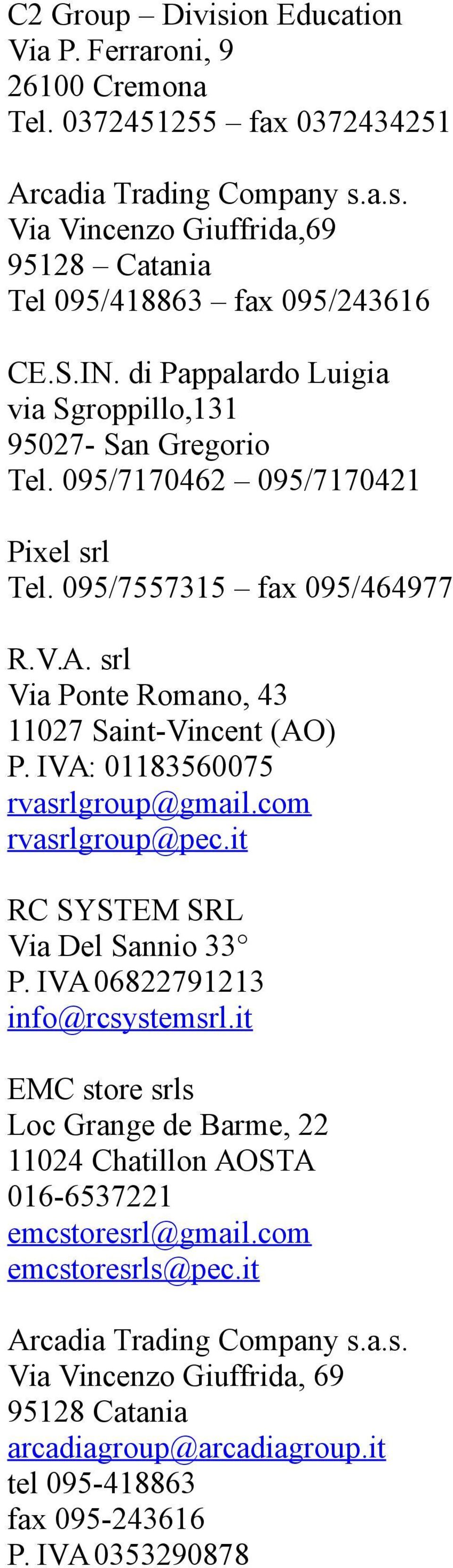 IVA: 01183560075 rvasrlgroup@gmail.com rvasrlgroup@pec.it RC SYSTEM SRL Via Del Sannio 33 P. IVA 06822791213 info@rcsystemsrl.