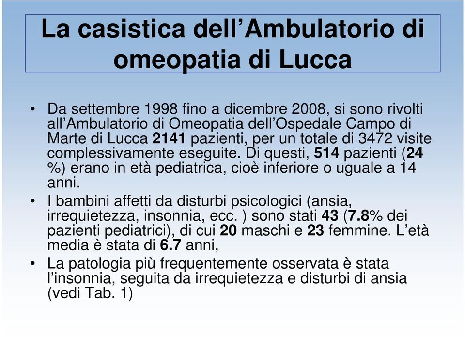 Di questi, 514 pazienti (24 %) erano in età pediatrica, cioè inferiore o uguale a 14 anni.