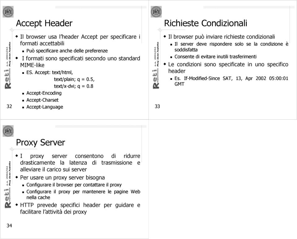 8 Accept-Encoding Accept-Charset Accept-Language 33 Richieste Condizionali Il browser può inviare richieste condizionali Il server deve rispondere solo se la condizione è soddisfatta Consente di