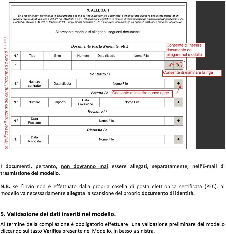 allegata la scansione del proprio documento di identità. 5. Validazione dei dati inseriti nel modello.