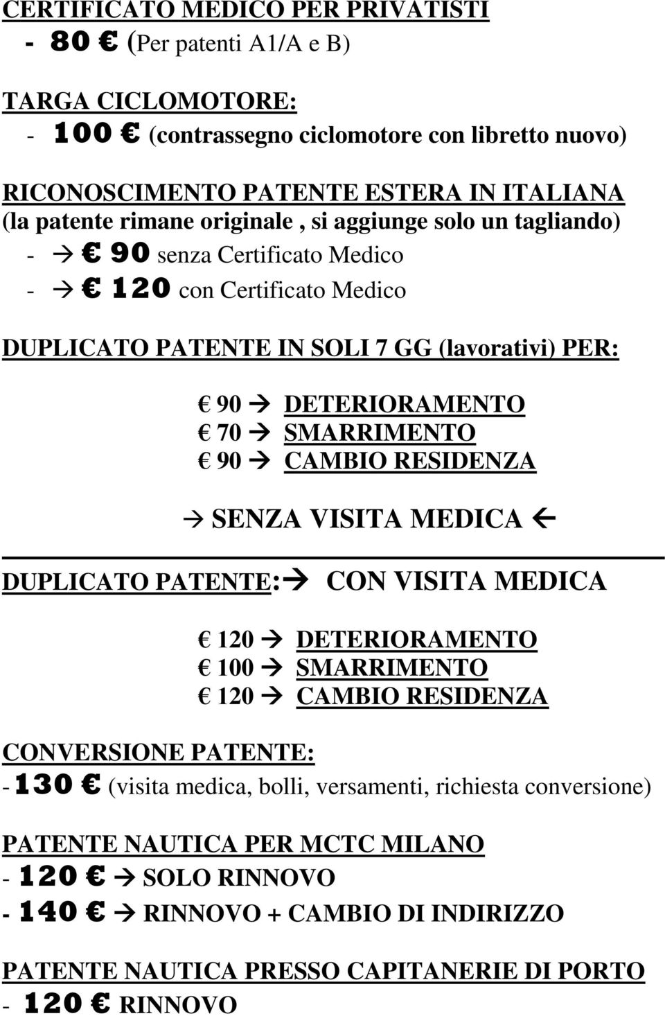 70 SMARRIMENTO 90 CAMBIO RESIDENZA SENZA VISITA MEDICA DUPLICATO PATENTE: CON VISITA MEDICA 120 DETERIORAMENTO 100 SMARRIMENTO 120 CAMBIO RESIDENZA CONVERSIONE PATENTE: - 130 (visita