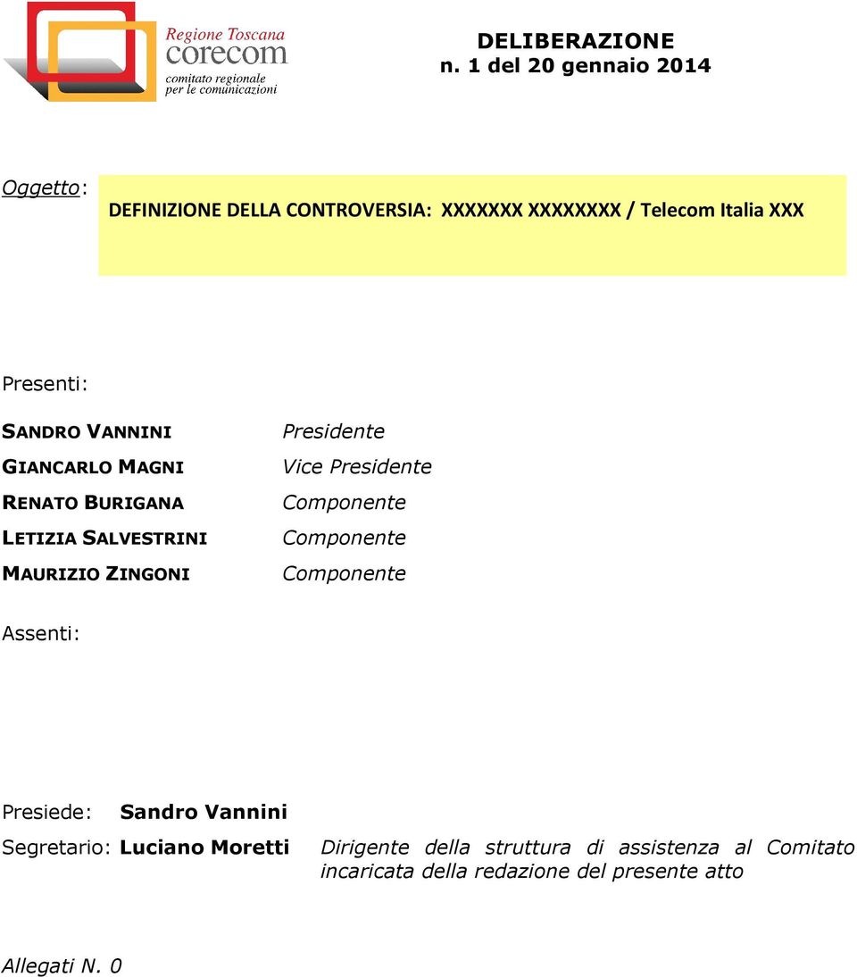 Presidente Componente Componente Componente Assenti: Presiede: Sandro Vannini Segretario: Luciano