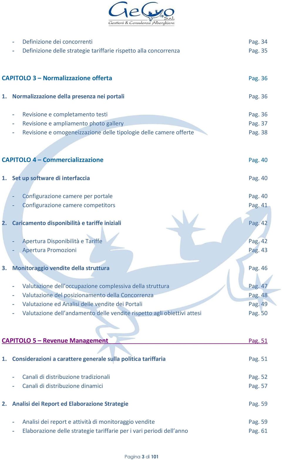 37 - Revisione e omogeneizzazione delle tipologie delle camere offerte Pag. 38 CAPITOLO 4 Commercializzazione Pag. 40 1. Set up software di interfaccia Pag. 40 - Configurazione camere per portale Pag.