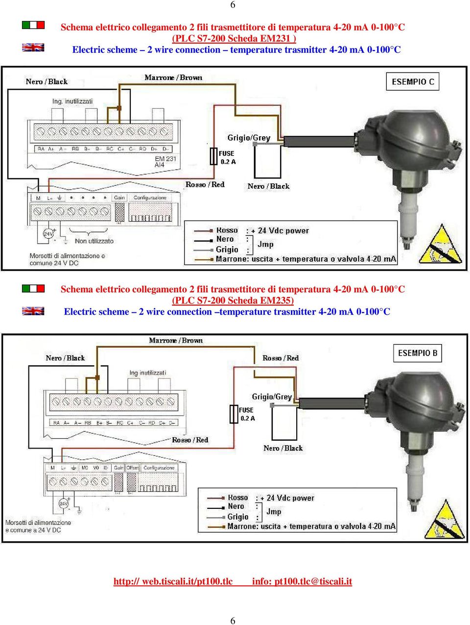 0-100 C Schema elettrico collegamento 2 fili trasmettitore di temperatura 4-20 ma 0-100 C