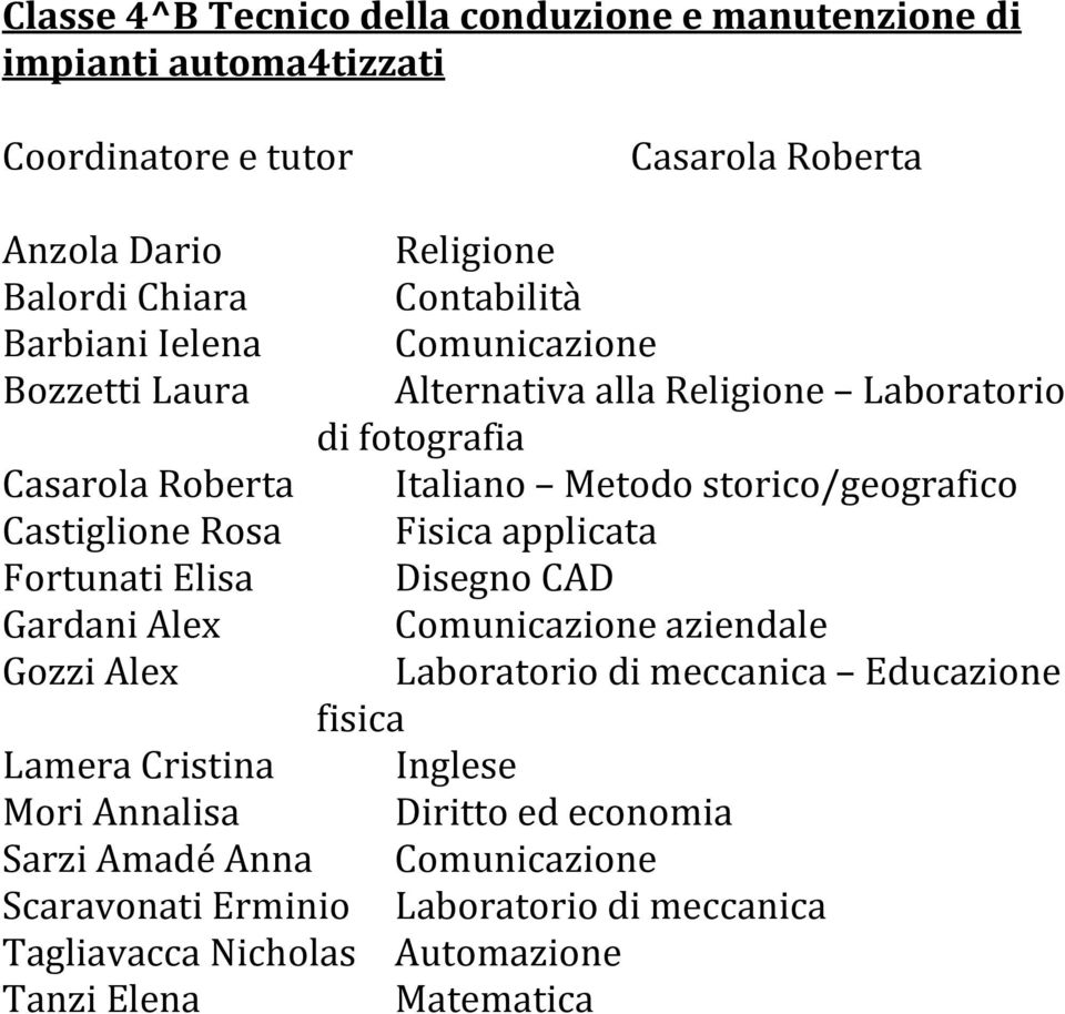 fotografia Italiano Metodo storico/geografico Fisica applicata Disegno CAD Comunicazione aziendale Laboratorio di meccanica Educazione fisica Inglese Diritto