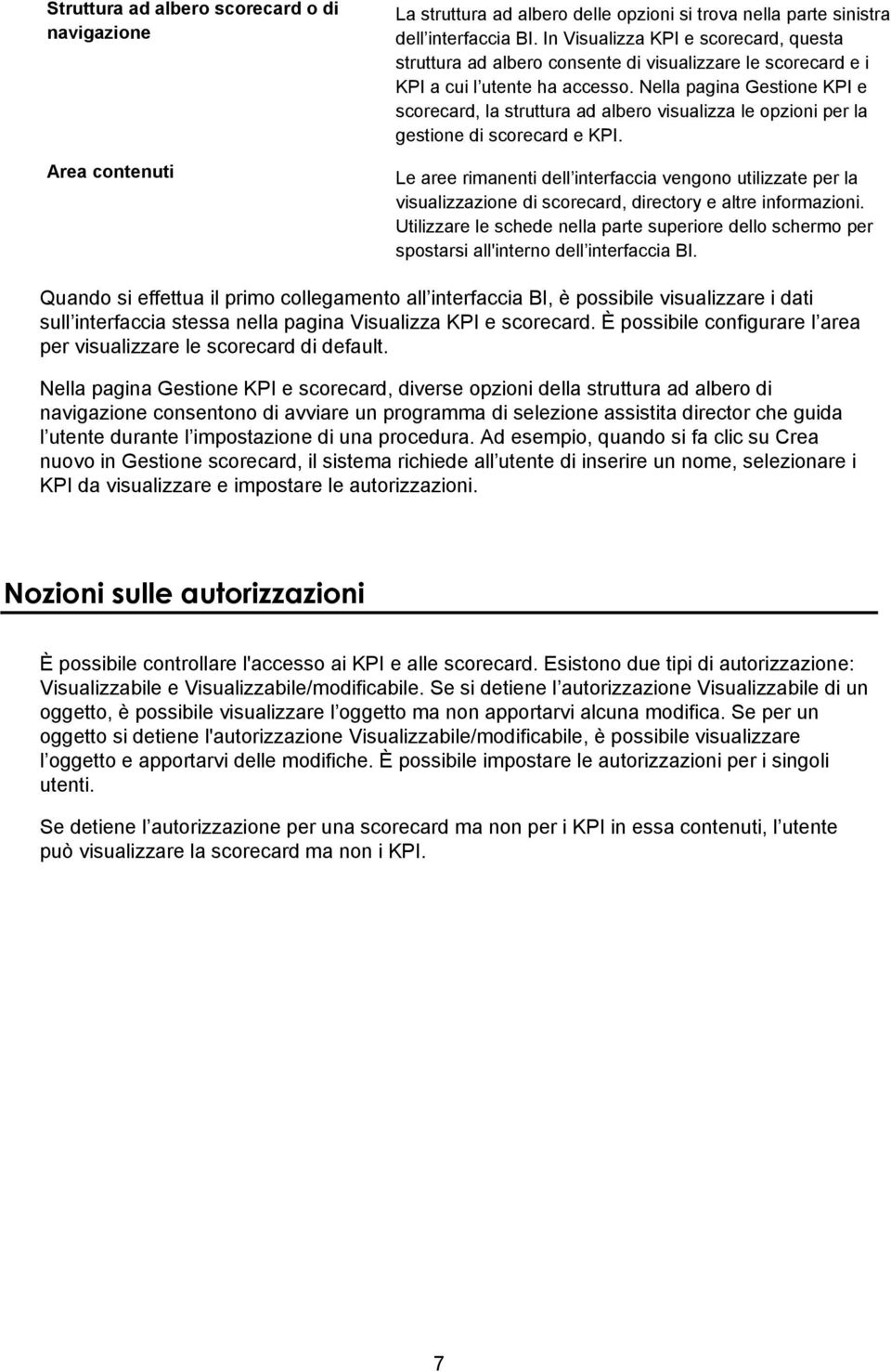 Nella pagina Gestione KPI e scorecard, la struttura ad albero visualizza le opzioni per la gestione di scorecard e KPI.