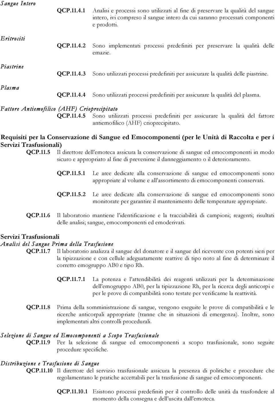 Sono implementati processi predefiniti per preservare la qualità delle emazie. Sono utilizzati processi predefiniti per assicurare la qualità delle piastrine.