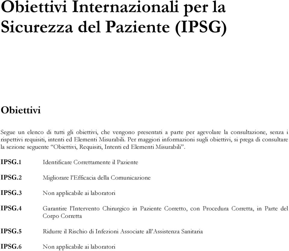 Per maggiori informazioni sugli obiettivi, si prega di consultare la sezione seguente Obiettivi, Requisiti, Intenti ed Elementi Misurabili. IPSG.1 IPSG.2 IPSG.3 IPSG.4 IPSG.5 IPSG.