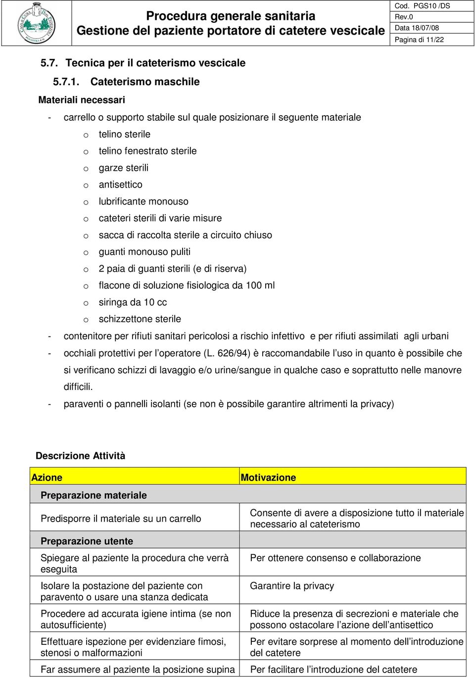 Cateterismo maschile Materiali necessari - carrello o supporto stabile sul quale posizionare il seguente materiale o telino sterile o telino fenestrato sterile o garze sterili o antisettico o