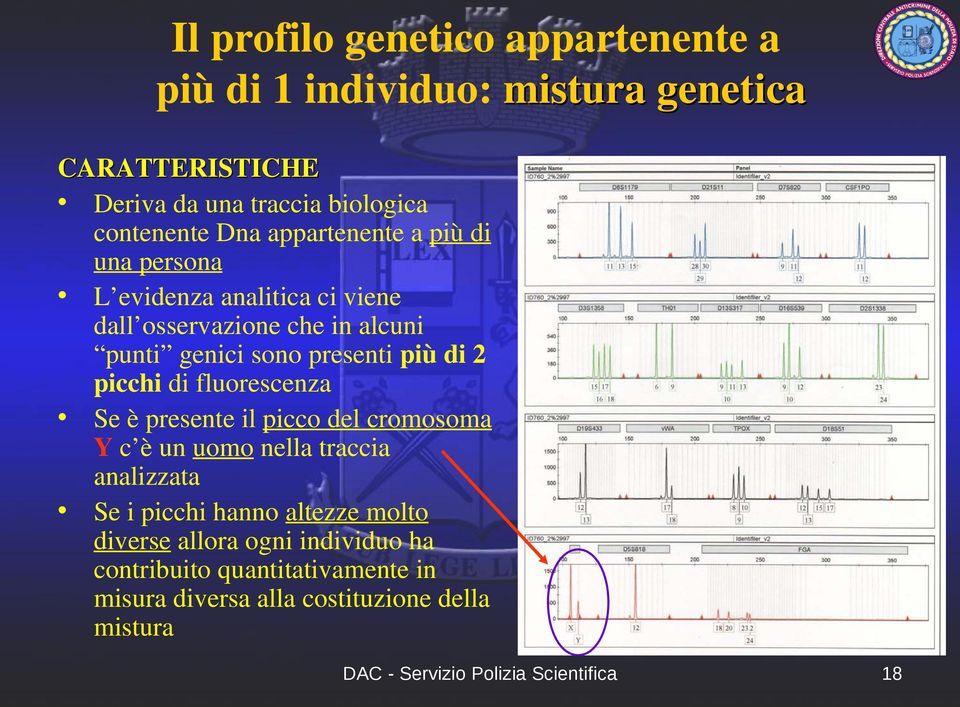 presenti più di 2 picchi di fluorescenza Se è presente il picco del cromosoma Y c è un uomo nella traccia analizzata Se i picchi