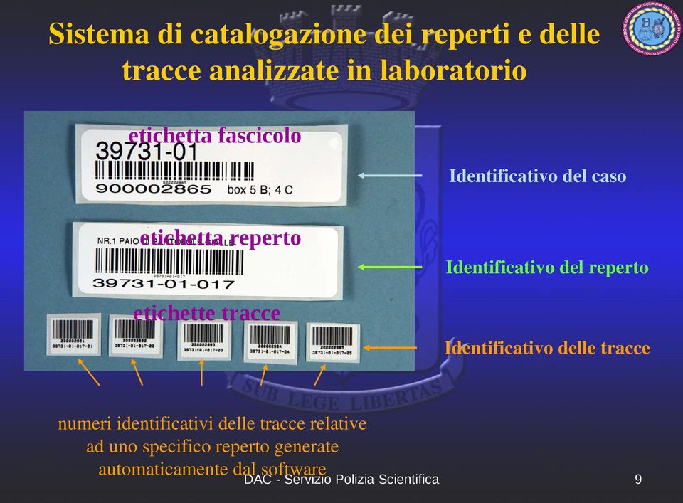 del reperto etichette tracce Identificativo delle tracce numeri identificativi