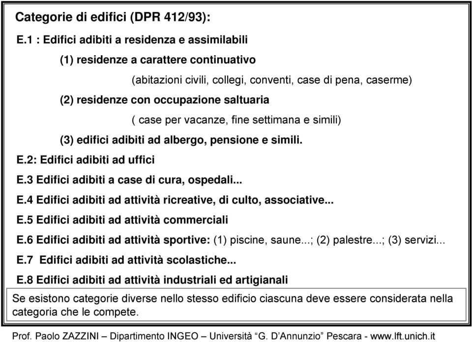 vacanze, fine settimana e simili) (3) edifici adibiti ad albergo, pensione e simili. E.2: Edifici adibiti ad uffici E.3 Edifici adibiti a case di cura, ospedali... E.4 Edifici adibiti ad attività ricreative, di culto, associative.