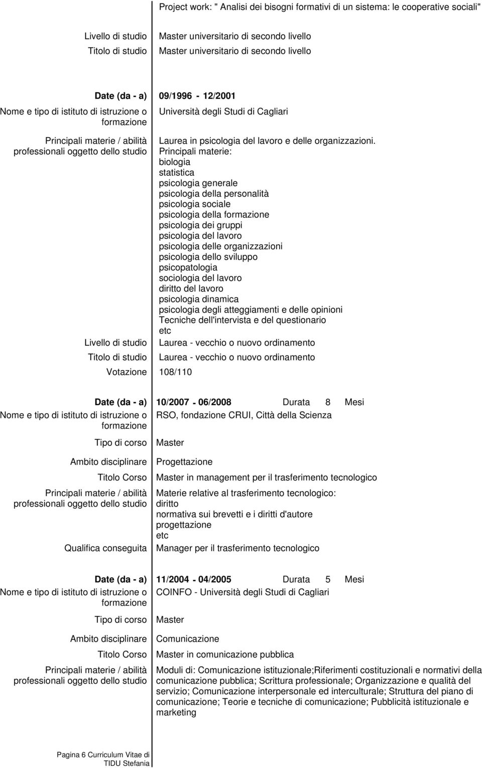 Principali materie: biologia statistica psicologia generale psicologia della personalità psicologia sociale psicologia della psicologia dei gruppi psicologia del psicologia delle organizzazioni