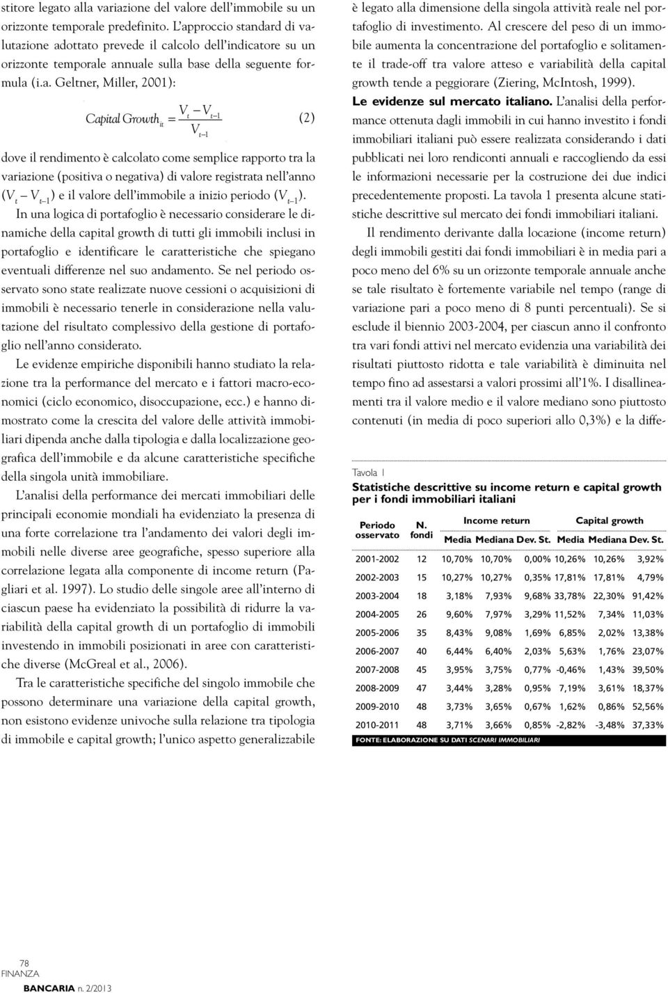 = V (2) dove il rendimento è calcolato come semplice rapporto tra la variazione (positiva o negativa) di valore registrata nell anno (V t V t 1 ) e il valore dell immobile a inizio periodo (V t 1 ).