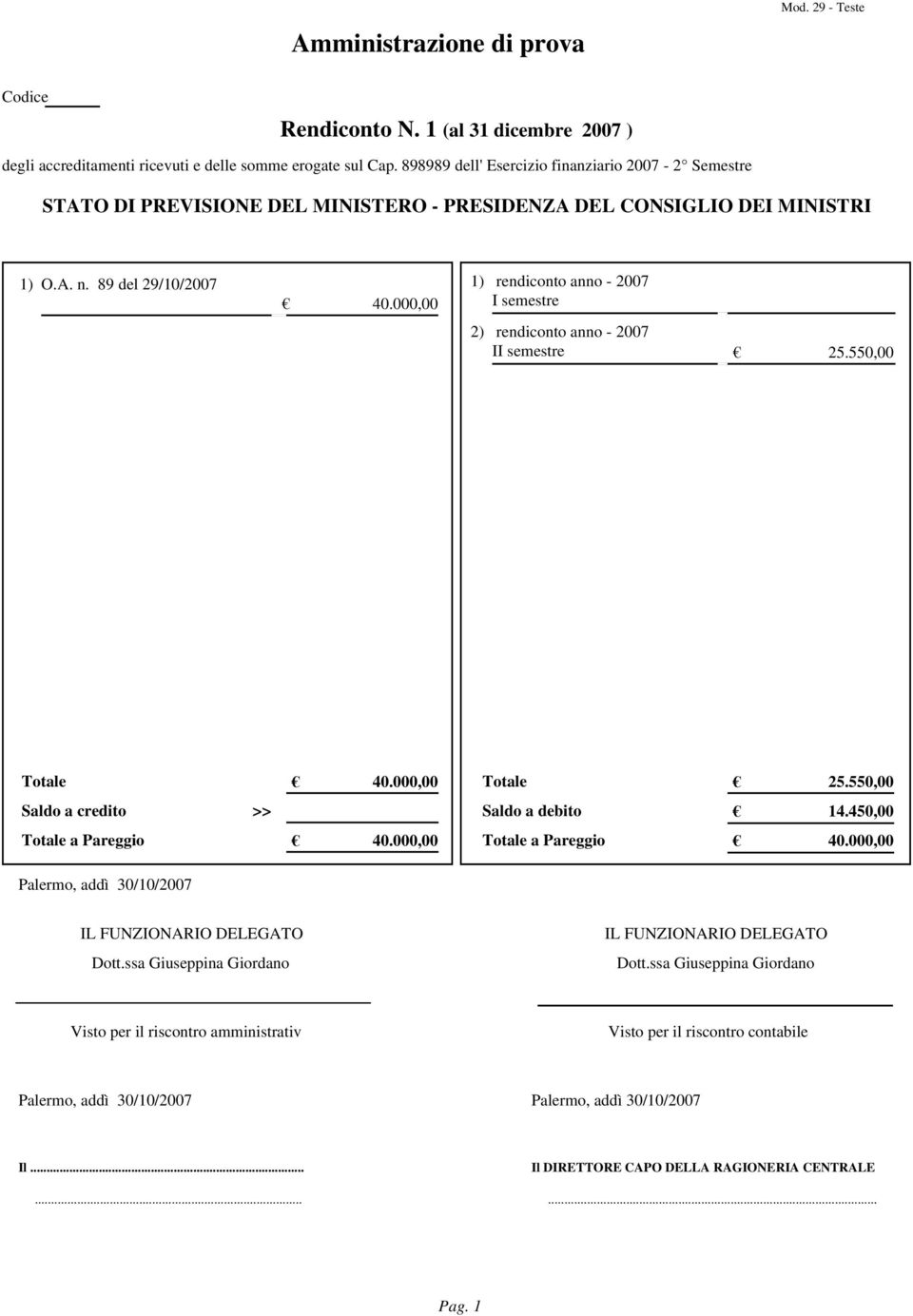 000,00 1) renconto anno - 2007 I semestre 2) renconto anno - 2007 II semestre 25.550,00 Totale 40.000,00 Totale 25.550,00 Saldo a creto >> Saldo a debito 14.450,00 Totale a Pareggio 40.