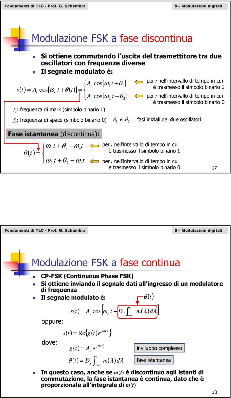 A os[ ω t + θ ] f 1 : frequenza di mark (simolo inario 1) f : frequenza di spae (simolo inario 0) θ : 1 e θ per t nell intervallo di tempo in ui è trasmesso il simolo inario 1 per t nell intervallo