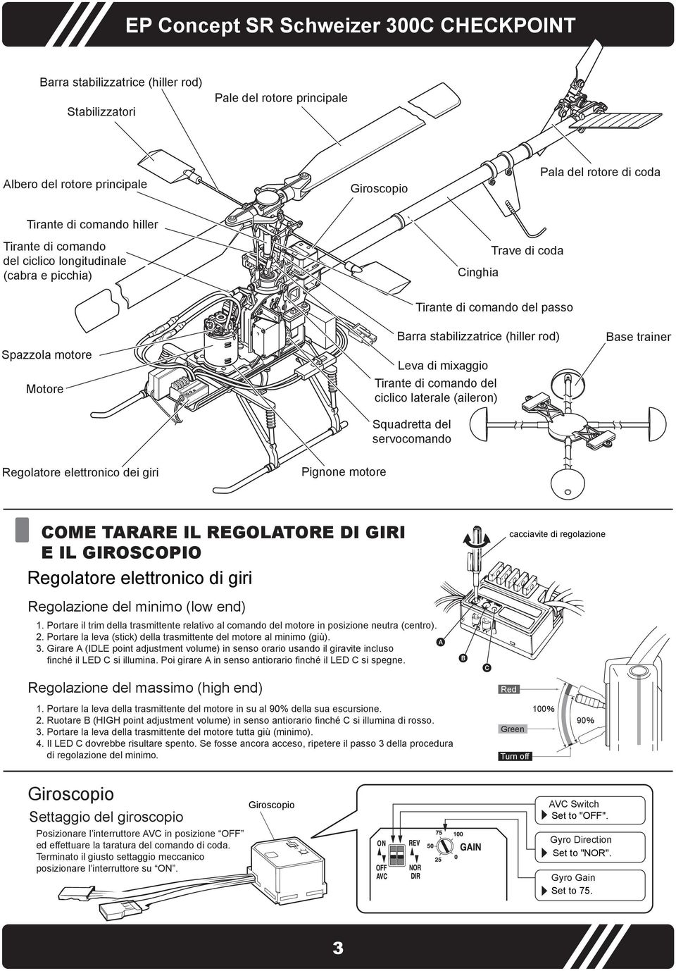 Tirante di comando del ciclico laterale (aileron) Squadretta del servocomando Base trainer Regolatore elettronico dei giri Pignone motore COME TARARE IL REGOLATORE DI GIRI E IL GIROSCOPIO Regolatore