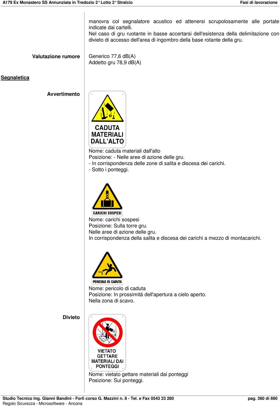 Valutazione rumore Generico 77,6 db(a) Addetto gru 78,9 db(a) Segnaletica Avvertimento Nome: caduta materiali dall'alto Posizione: - Nelle aree di azione delle gru.