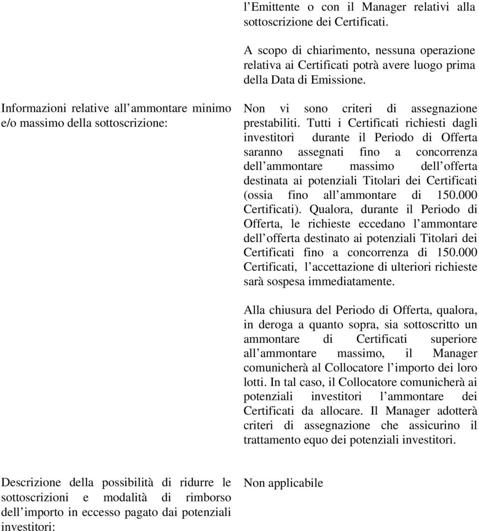 Tutti i Certificati richiesti dagli investitori durante il Periodo di Offerta saranno assegnati fino a concorrenza dell ammontare massimo dell offerta destinata ai potenziali Titolari dei Certificati