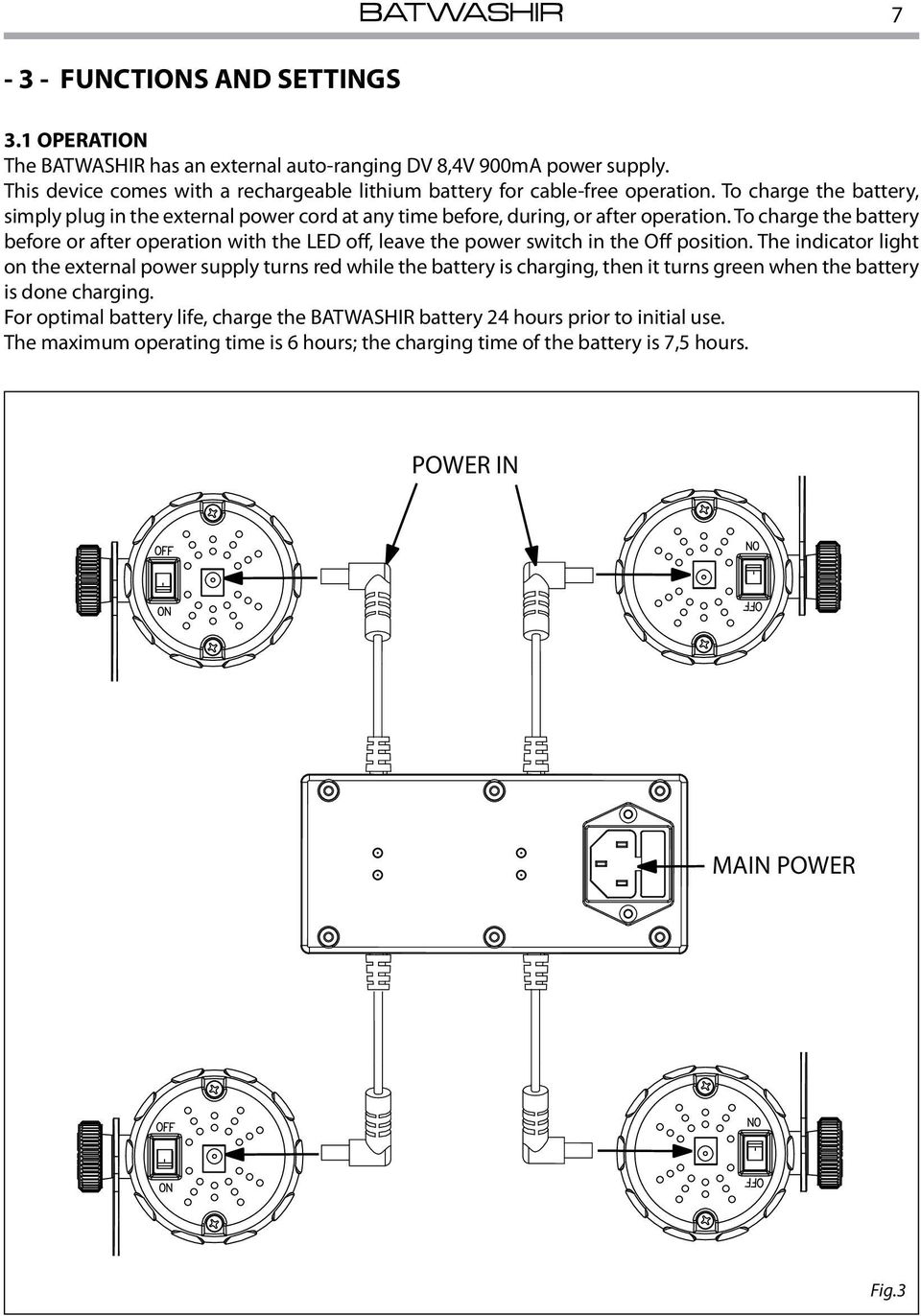 To charge the battery before or after operation with the LED off, leave the power switch in the Off position.