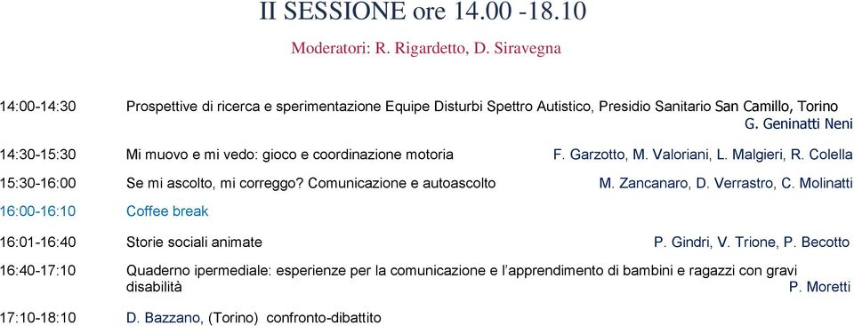 Geninatti Neni 14:30-15:30 Mi muovo e mi vedo: gioco e coordinazione motoria F. Garzotto, M. Valoriani, L. Malgieri, R. Colella 15:30-16:00 Se mi ascolto, mi correggo?