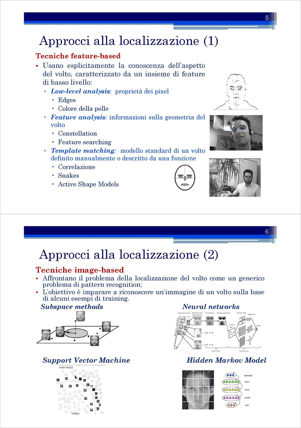 manualmente o descritto da una funzione Correlazione Snakes Active Shape odels Approcci alla localizzazione (2) Tecniche image-based Affrontano il problema della localizzazione del volto come un