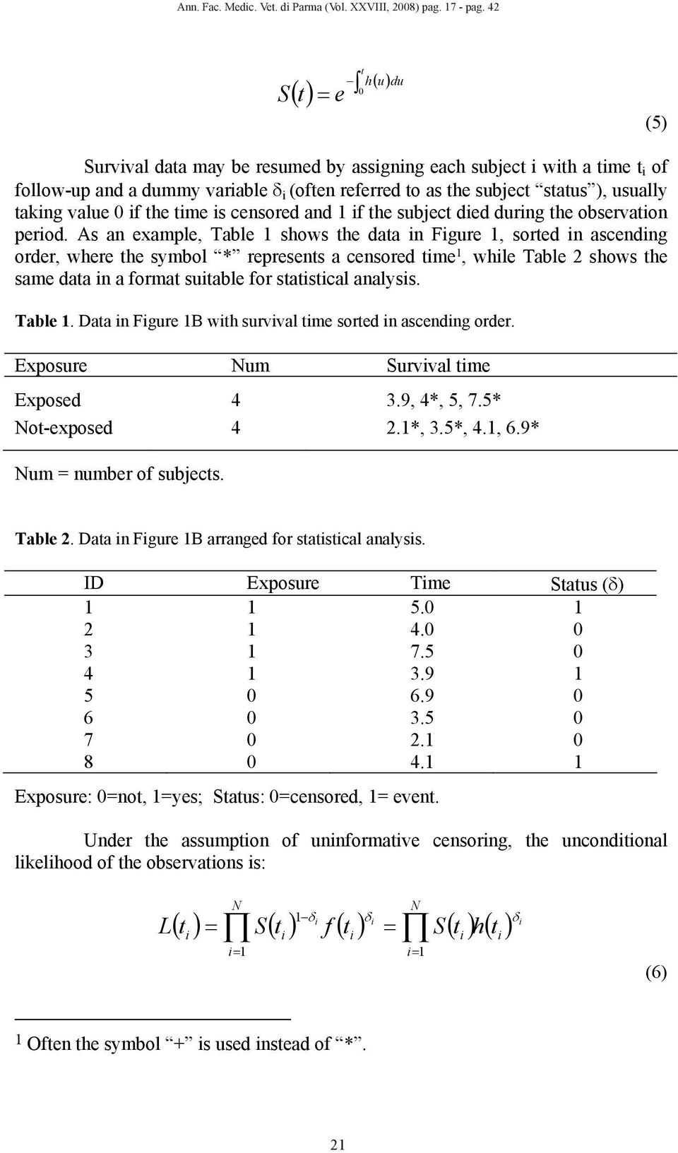 taking value 0 if the time is censored and 1 if the subject died during the observation period.