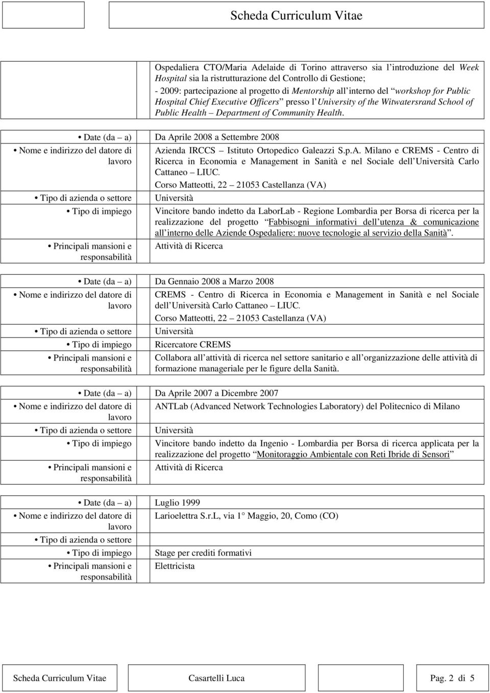 Date (da a) Da Aprile 2008 a Settembre 2008 Azienda IRCCS Istituto Ortopedico Galeazzi S.p.A. Milano e CREMS - Centro di Ricerca in Economia e Management in Sanità e nel Sociale dell Carlo Cattaneo LIUC.