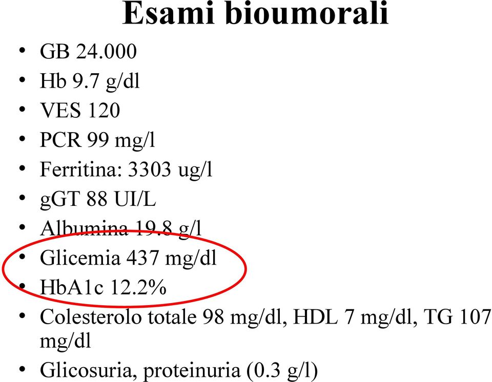 UI/L Albumina 19.8 g/l Glicemia 437 mg/dl HbA1c 12.
