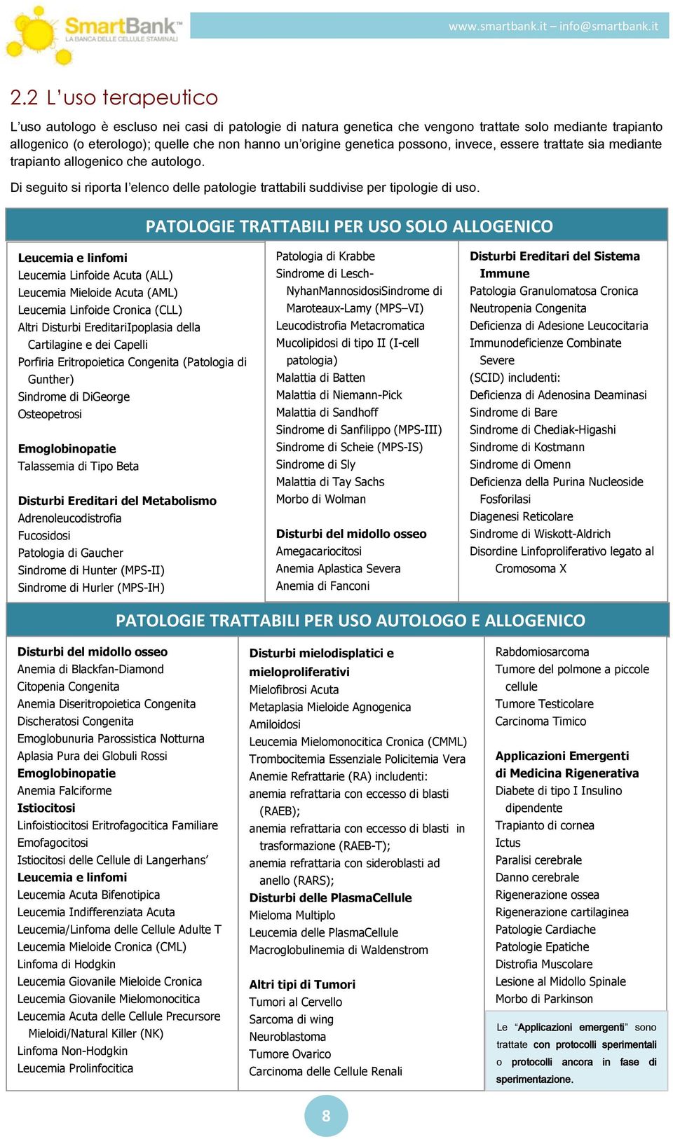 PATOLOGIE TRATTABILI PER USO SOLO ALLOGENICO Leucemia e linfomi Leucemia Linfoide Acuta (ALL) Leucemia Mieloide Acuta (AML) Leucemia Linfoide Cronica (CLL) Altri Disturbi EreditariIpoplasia della