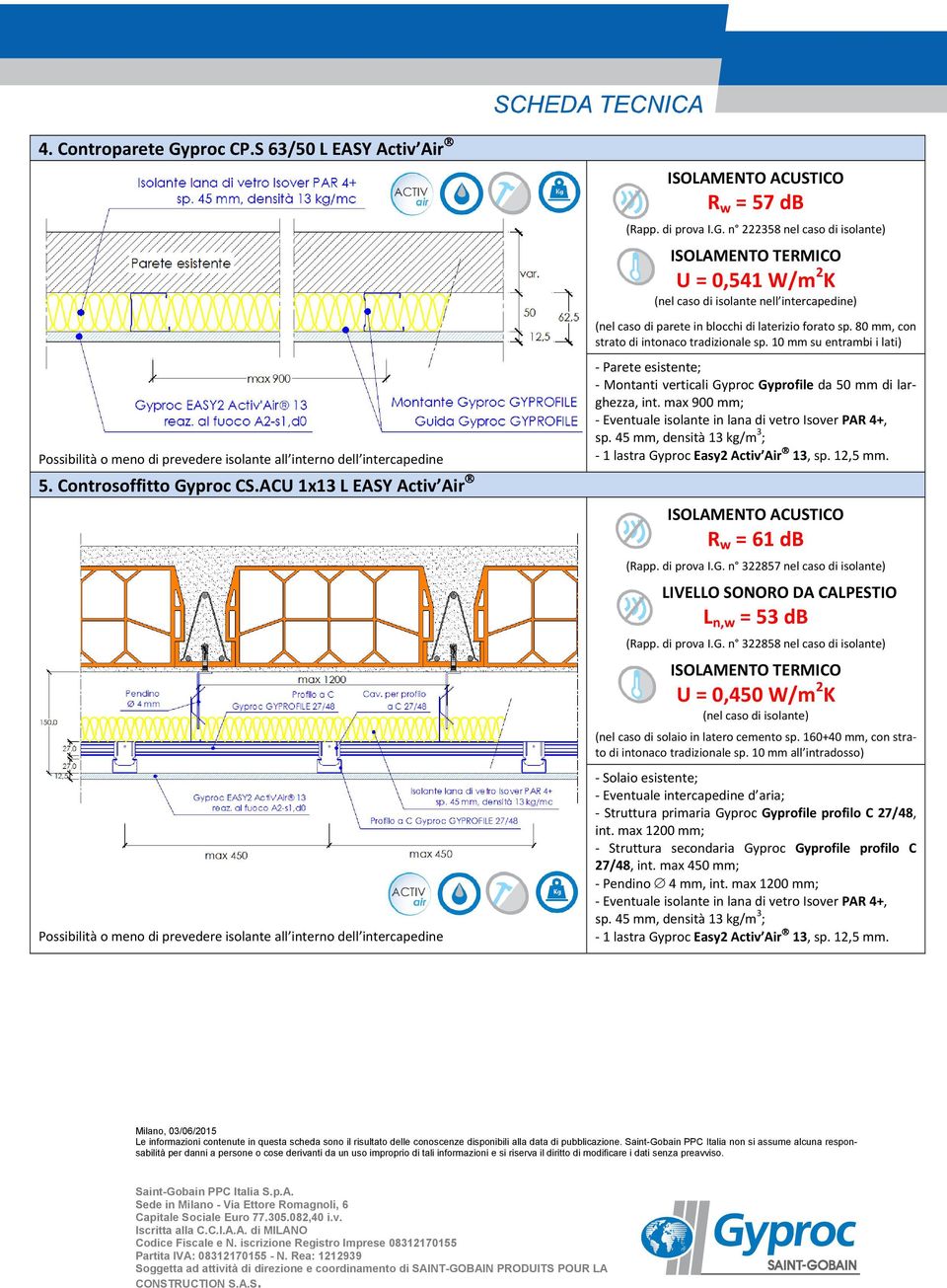 R w = 61 db (Rapp. di prova I.G. n 322857 nel caso di isolante) LIVELLO SONORO DA CALPESTIO L n,w = 53 db (Rapp. di prova I.G. n 322858 nel caso di isolante) U = 0,450 W/m 2 K (nel caso di isolante) (nel caso di solaio in latero cemento sp.