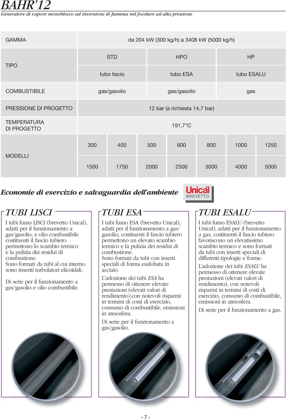 Economie di esercizio e salvaguardia dell ambiente TUBI LISCI I tubi fumo LISCI (brevetto Unical), adatti per il funzionamento a gas/gasolio, e olio combustibile costituenti il fascio tubiero