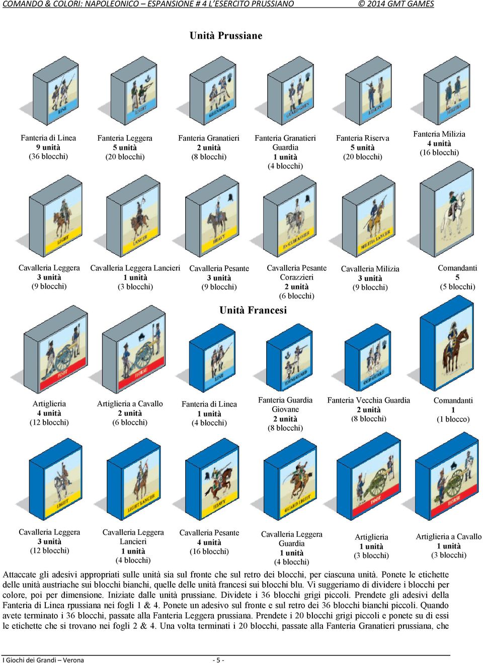 (3 blocchi) Cavalleria Pesante 3 unità (9 blocchi) Cavalleria Pesante Corazzieri 2 unità (6 blocchi) Cavalleria Milizia 3 unità (9 blocchi) Comandanti 5 (5 blocchi) Unità Francesi Artiglieria 4 unità